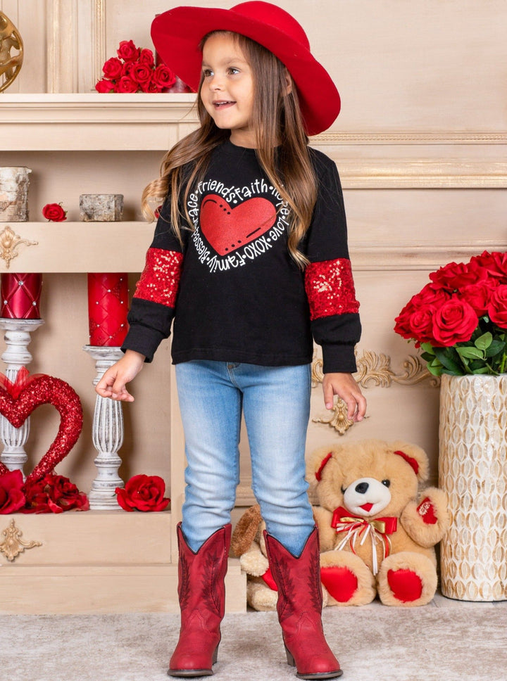 Kids Valentine's Tops | Girls Sequin Heart Long Sleeve Graphic Top