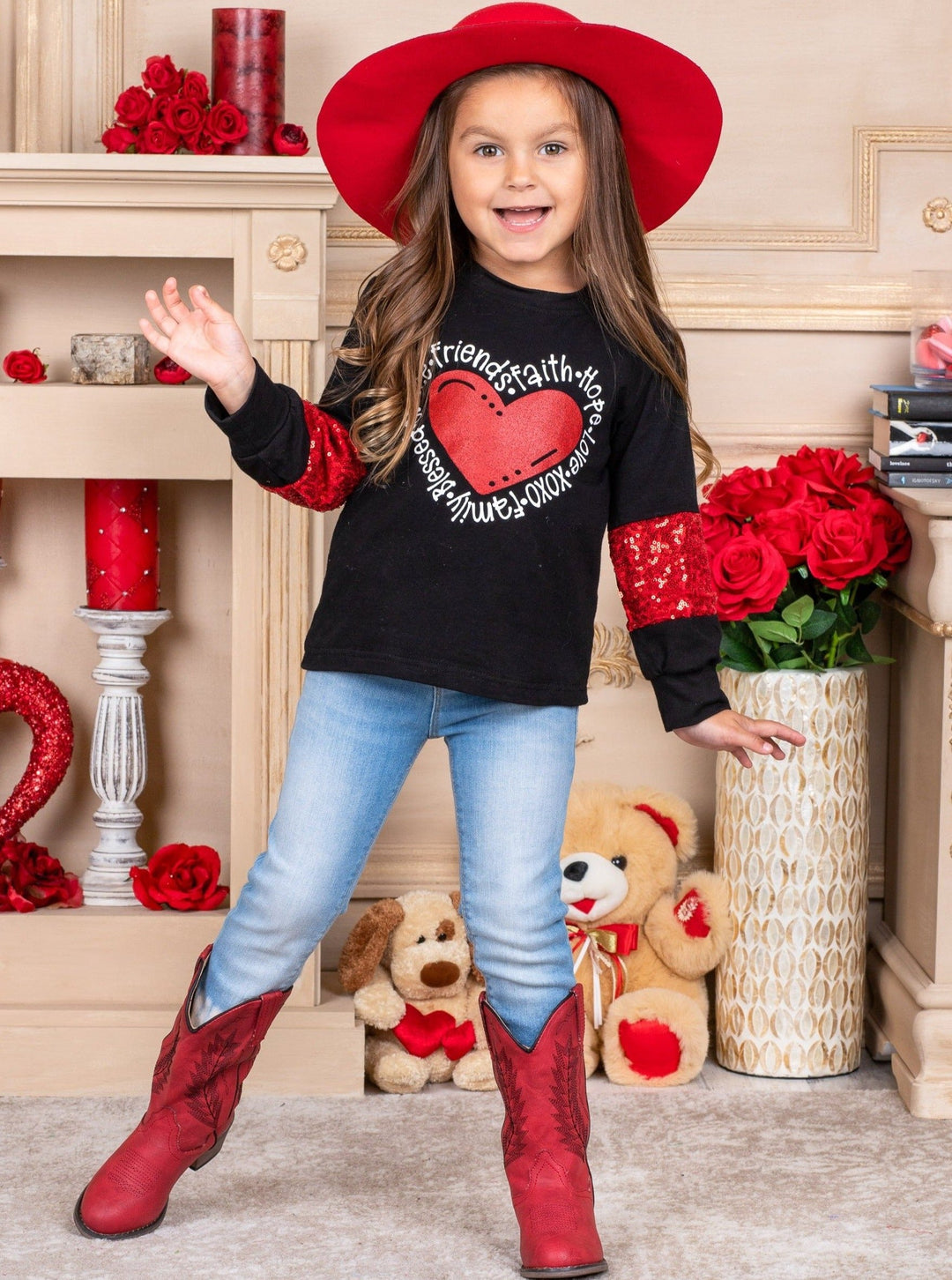 Kids Valentine's Tops | Girls Sequin Heart Long Sleeve Graphic Top