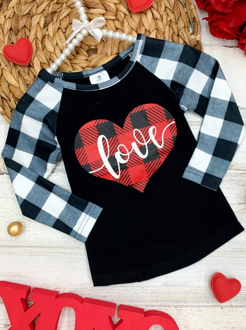 Toddler Valentine's Tops | Little Girls Plaid Raglan Sleeve Love Top