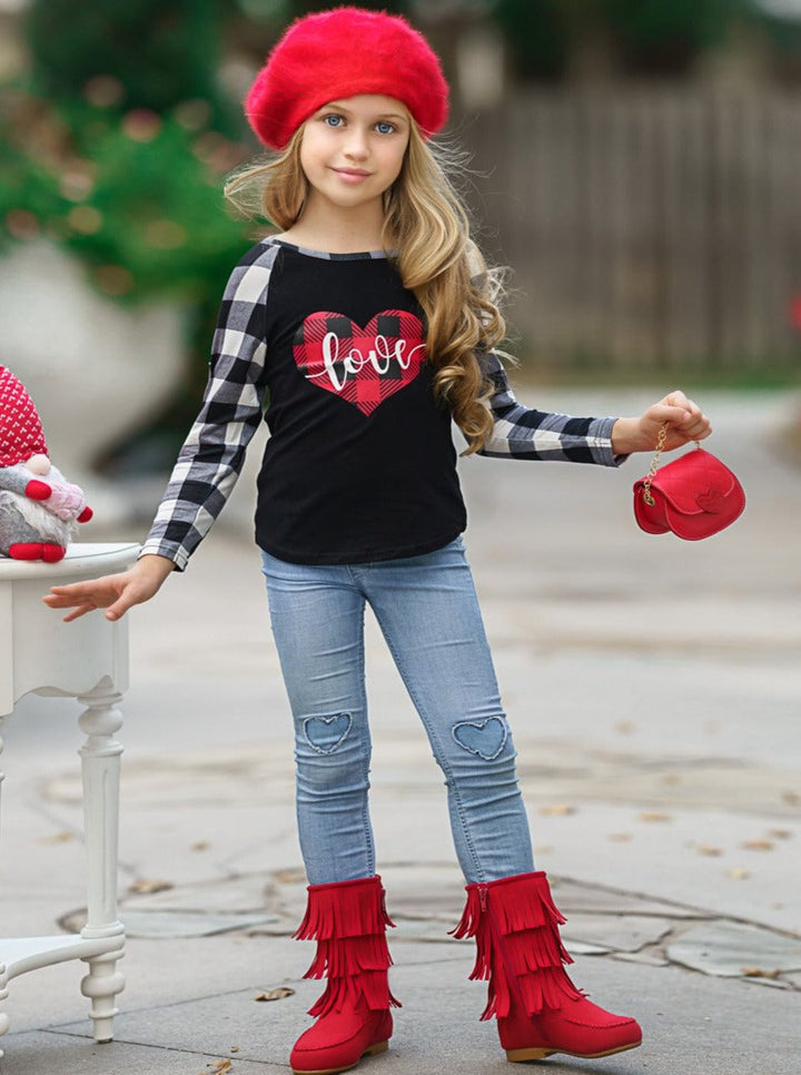 Toddler Valentine's Tops | Little Girls Plaid Raglan Sleeve Love Top