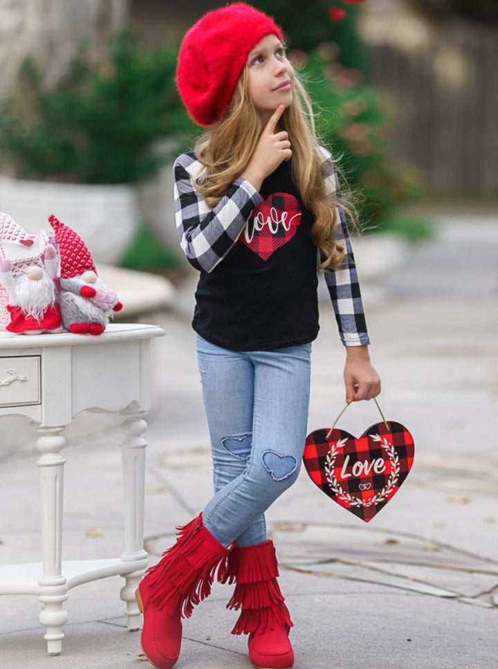 Toddler Valentine's Tops | Little Girls Plaid Raglan Sleeve Love Top