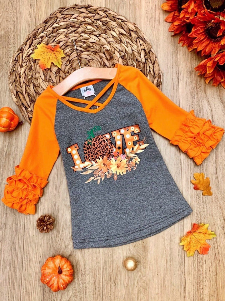 Mia Belle Girls Fall Love Pumpkin Ruffle Raglan Top