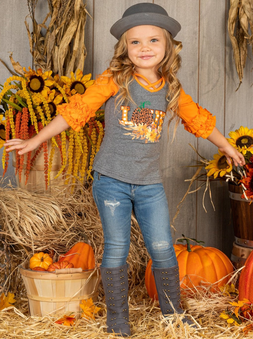 Mia Belle Girls Fall Love Pumpkin Ruffle Raglan Top