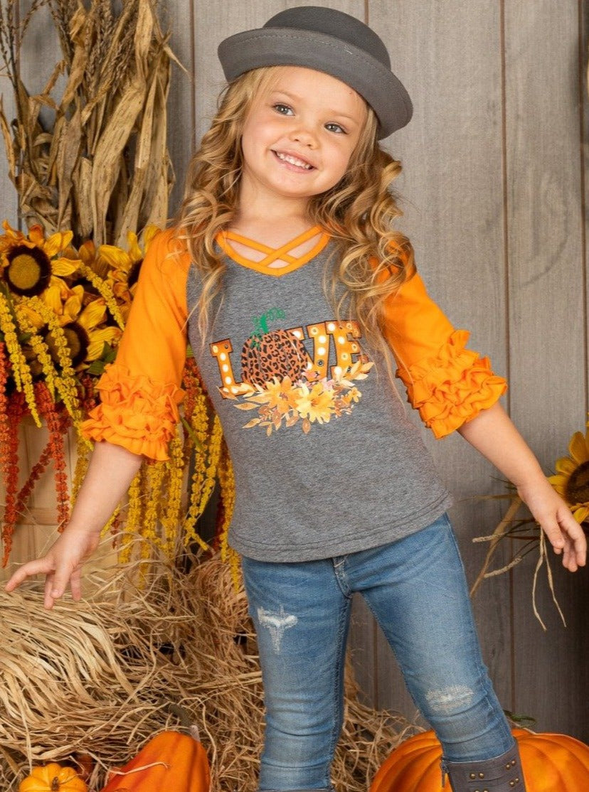 Mia Belle Girls Fall Love Pumpkin Ruffle Raglan Top