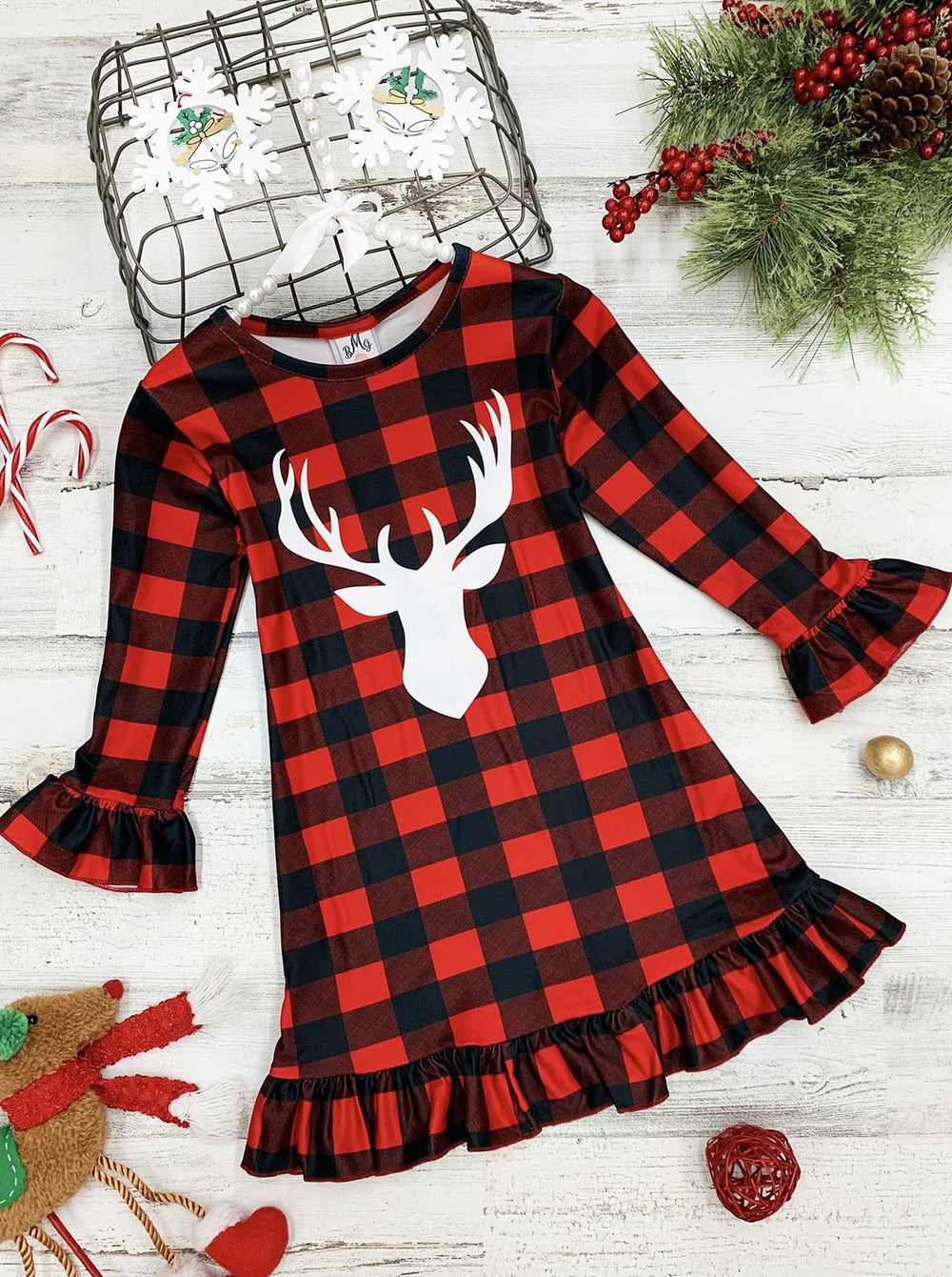 Toddler Clothing Sale | Girls Checkered Plaid Reindeer Ruffled Dress