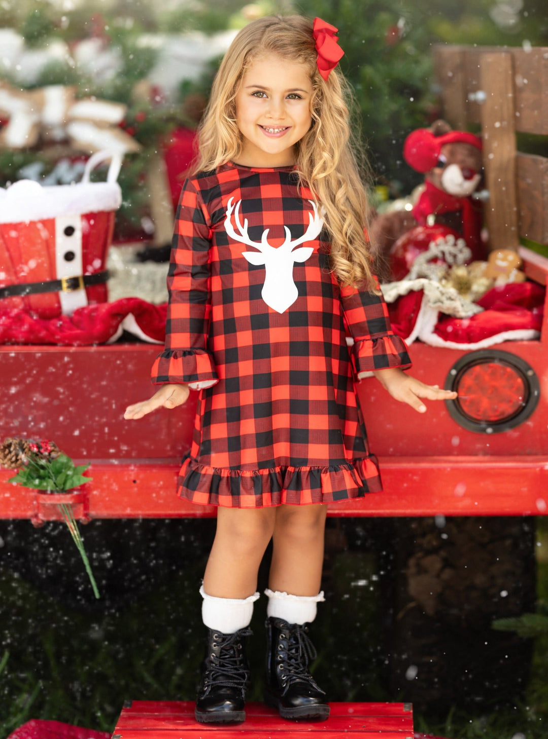 Toddler Clothing Sale | Girls Checkered Plaid Reindeer Ruffled Dress