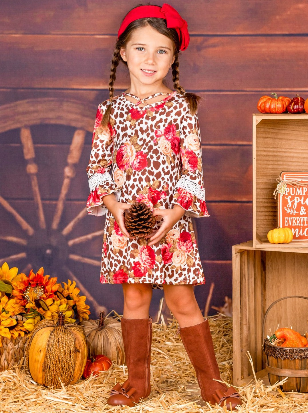 Girls Animal Print Floral Crochet Ruffled Long Sleeve Dress Brown