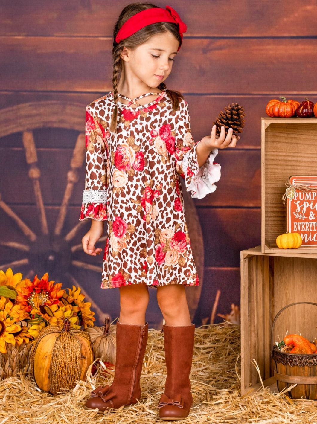 Girls Animal Print Floral Crochet Ruffled Long Sleeve Dress Brown