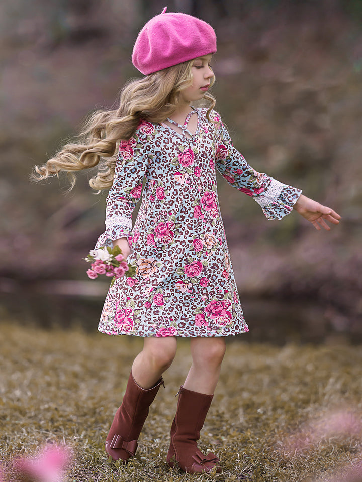 Girls Animal Print Floral Crochet Ruffled Long Sleeve Dress Mint