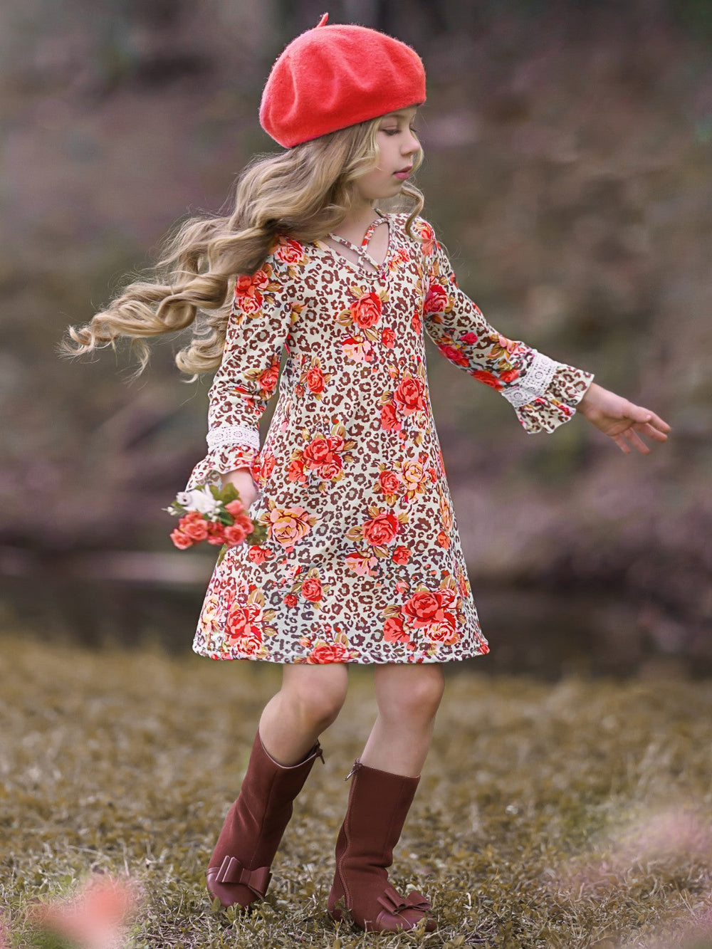 Girls Animal Print Floral Crochet Ruffled Long Sleeve Dress