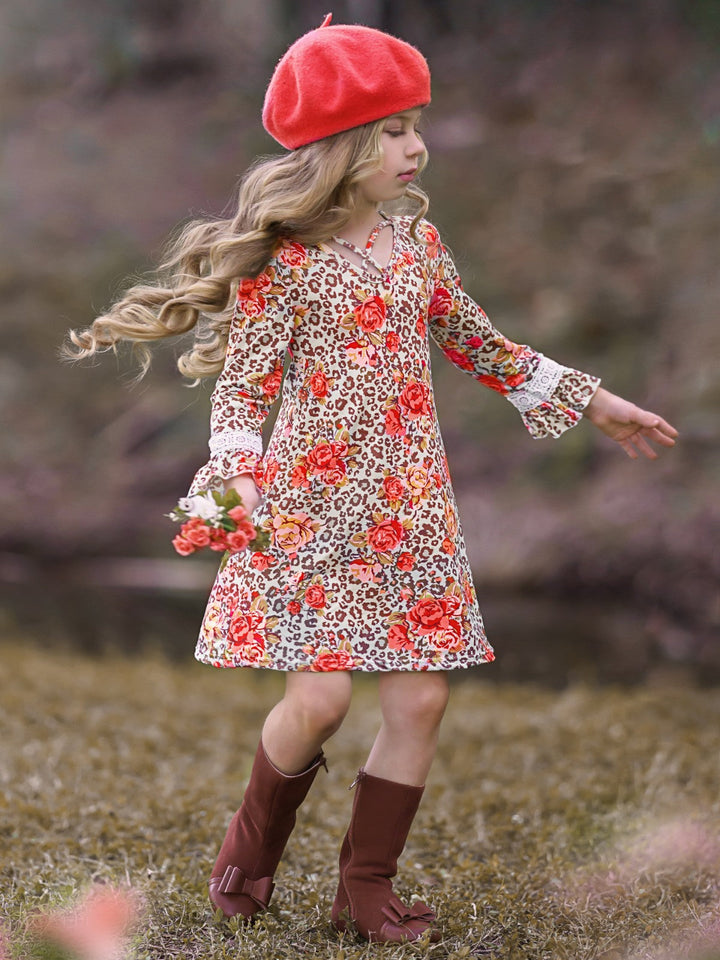 Girls Animal Print Floral Crochet Ruffled Long Sleeve Dress