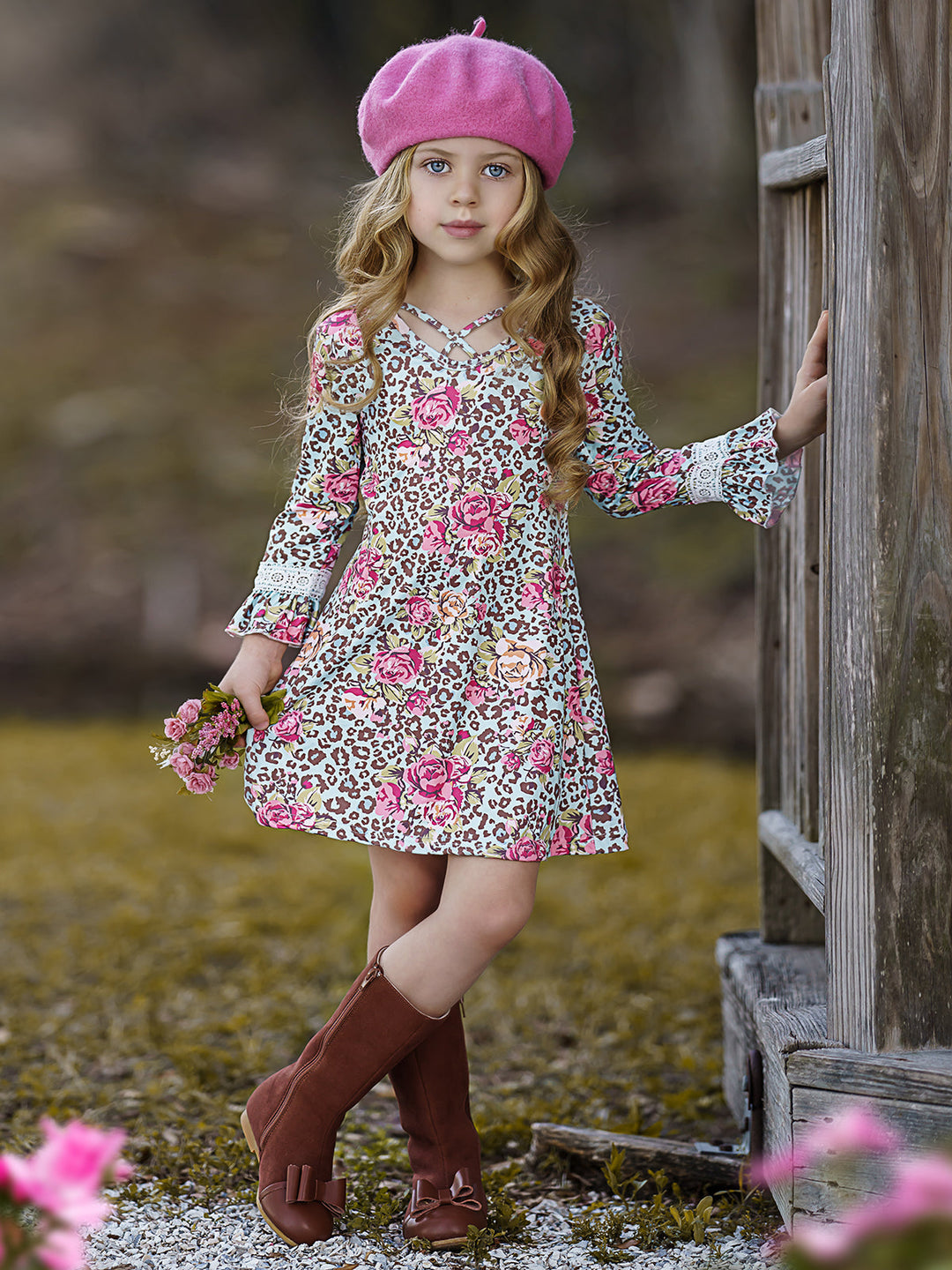 Girls Animal Print Floral Crochet Ruffled Long Sleeve Dress Mint