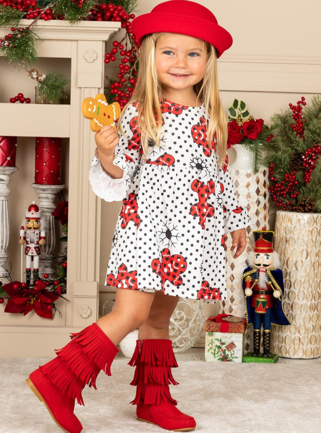 Christmas Dresses | Girls Flared Polka Dot Gingerbread Print Dress