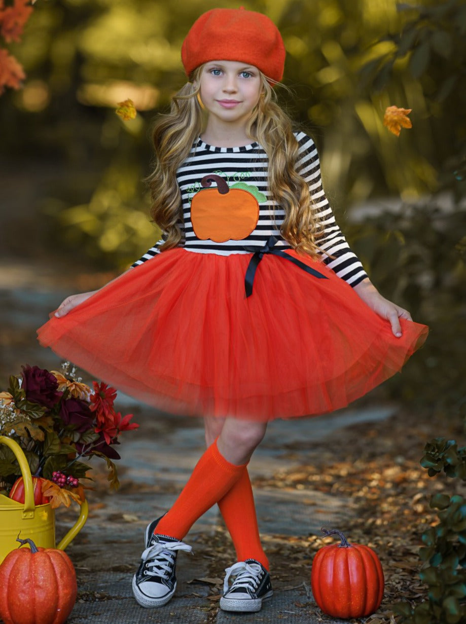 Girls Halloween Dress | Striped Pumpkin Tutu Dress - Mia Belle Girls