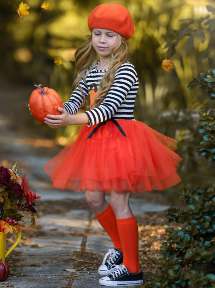 Little girls Halloween long-sleeve tutu dress with striped bodice, applique pumpkin, and gathered tulle skirt and satin bow finish - Mia Belle Girls