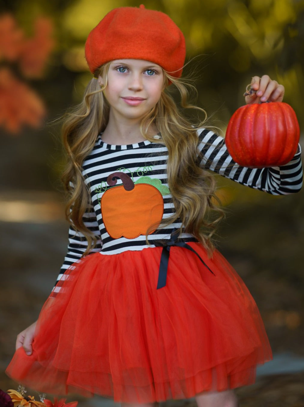 Little girls Halloween long-sleeve tutu dress with striped bodice, applique pumpkin, and gathered tulle skirt and satin bow finish - Mia Belle Girls