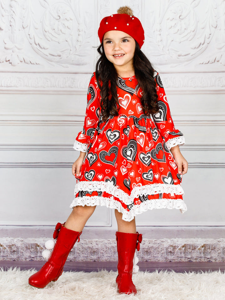 Toddler Valentine's Clothes | Girls Heart Pattern Lace Trim Dress