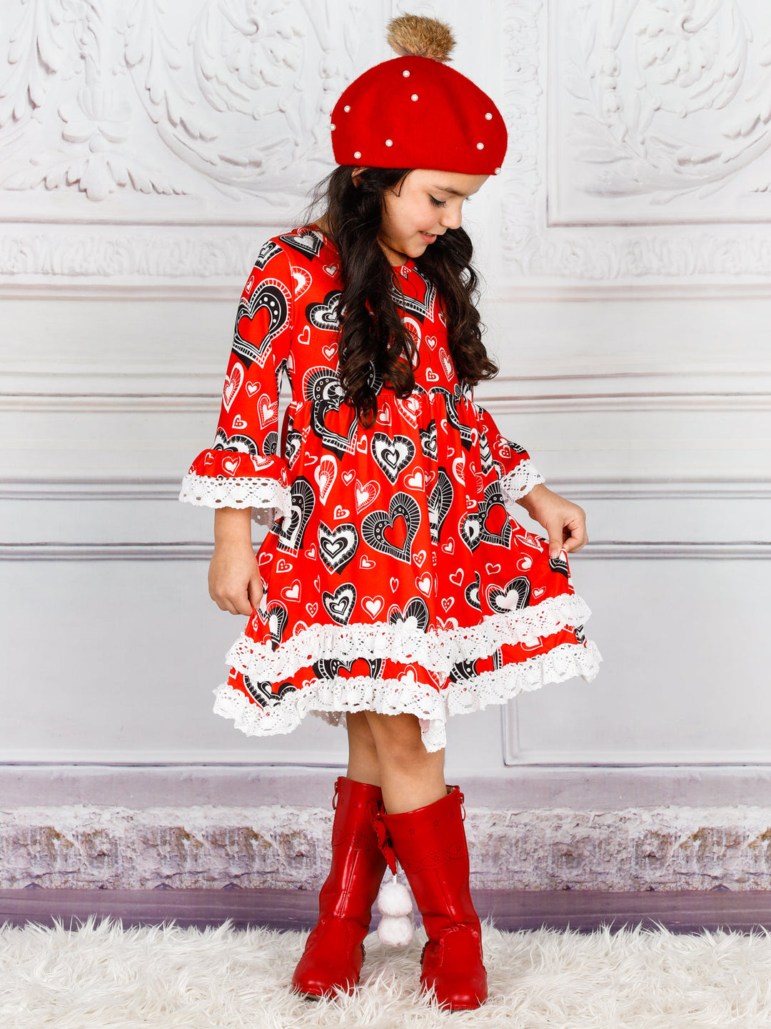 Toddler Valentine's Clothes | Girls Heart Pattern Lace Trim Dress