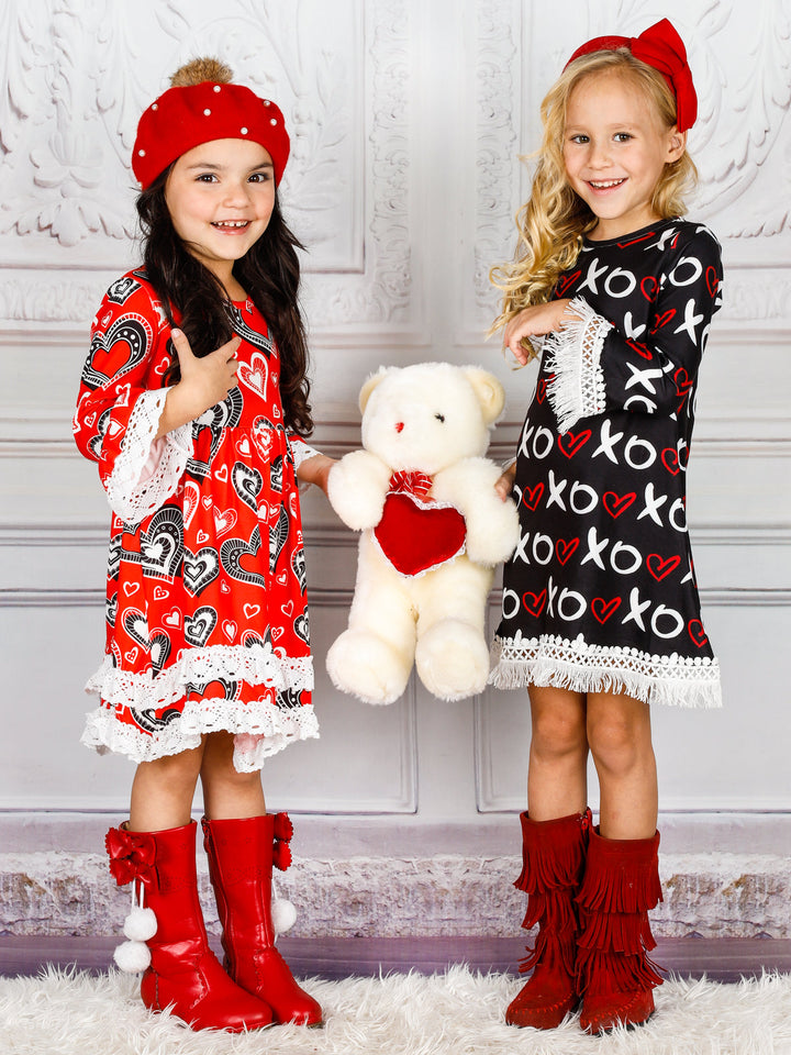 Toddler Valentine's Clothes | Girls Heart Pattern Lace Trim Dress