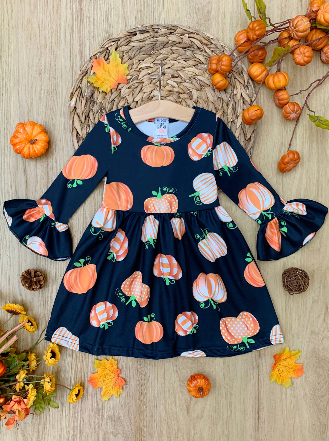 Girls Fall Dresses | Pumpkin Print A-Line Dress - Mia Belle Girls