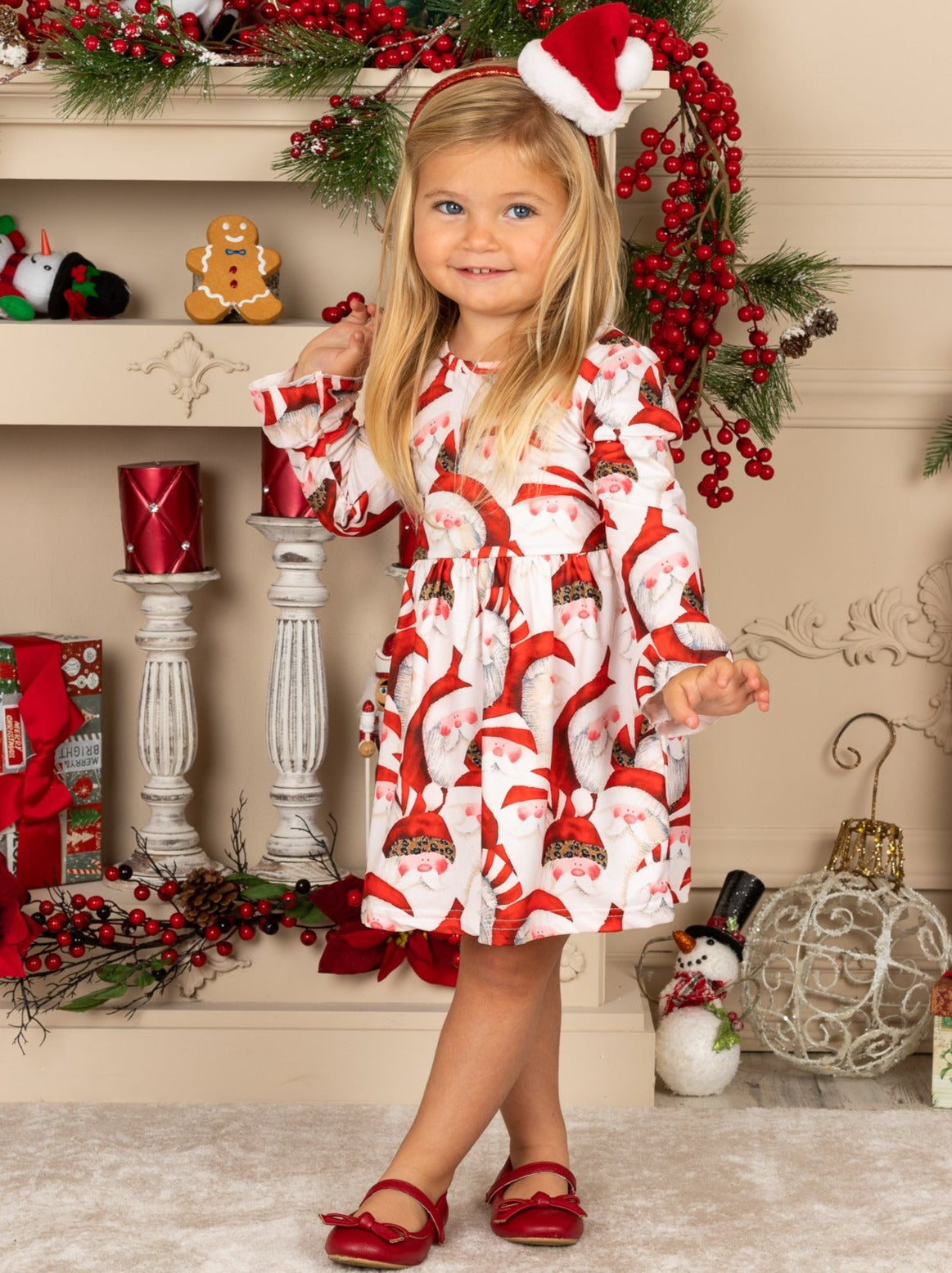 Girls Christmas Themed Santa Print Long Bell Sleeve Dress Mia Belle Girls