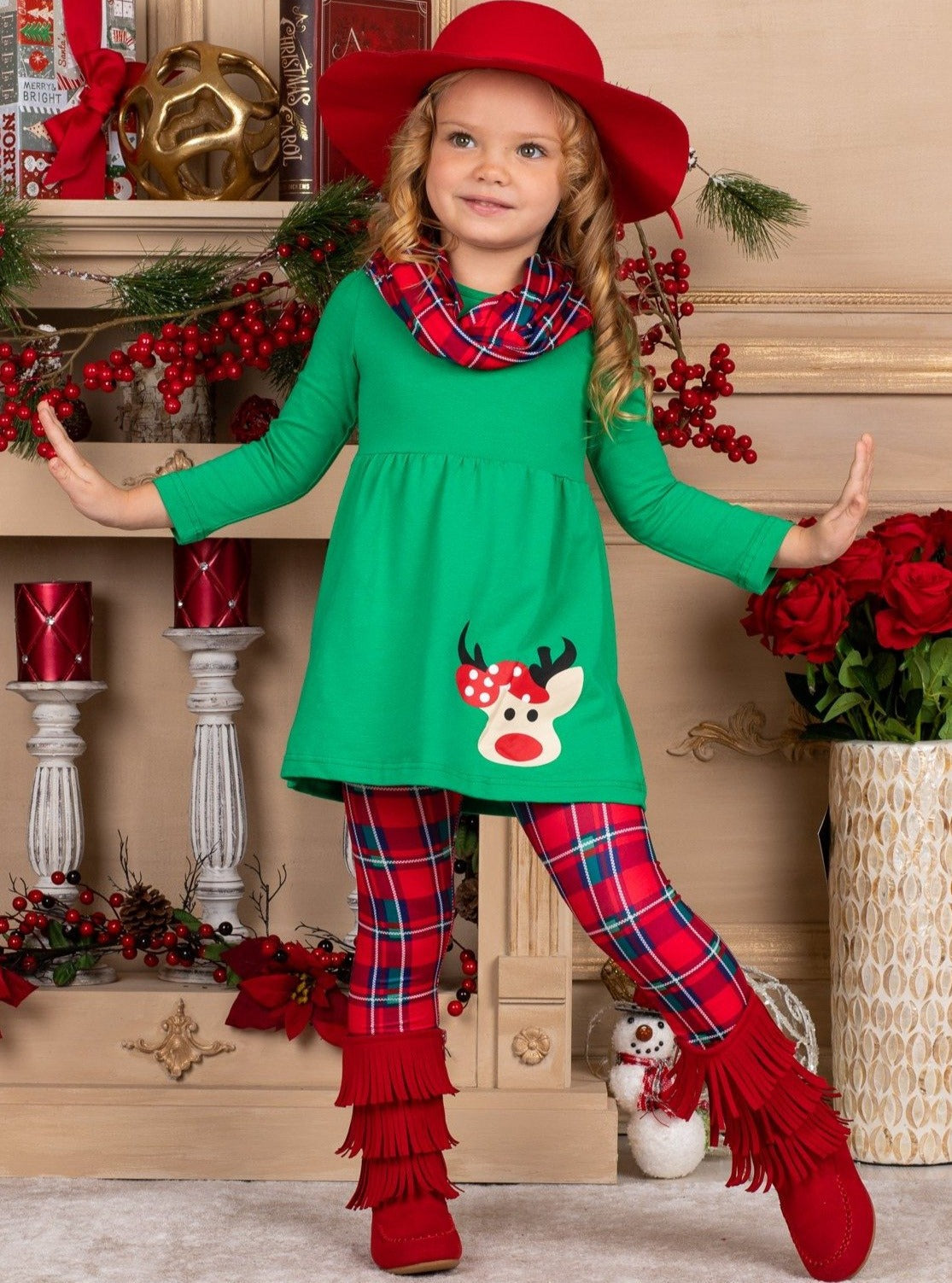 Girls Rudolph Applique Tunic Leggings And Scarf Set Mia Belle Girls