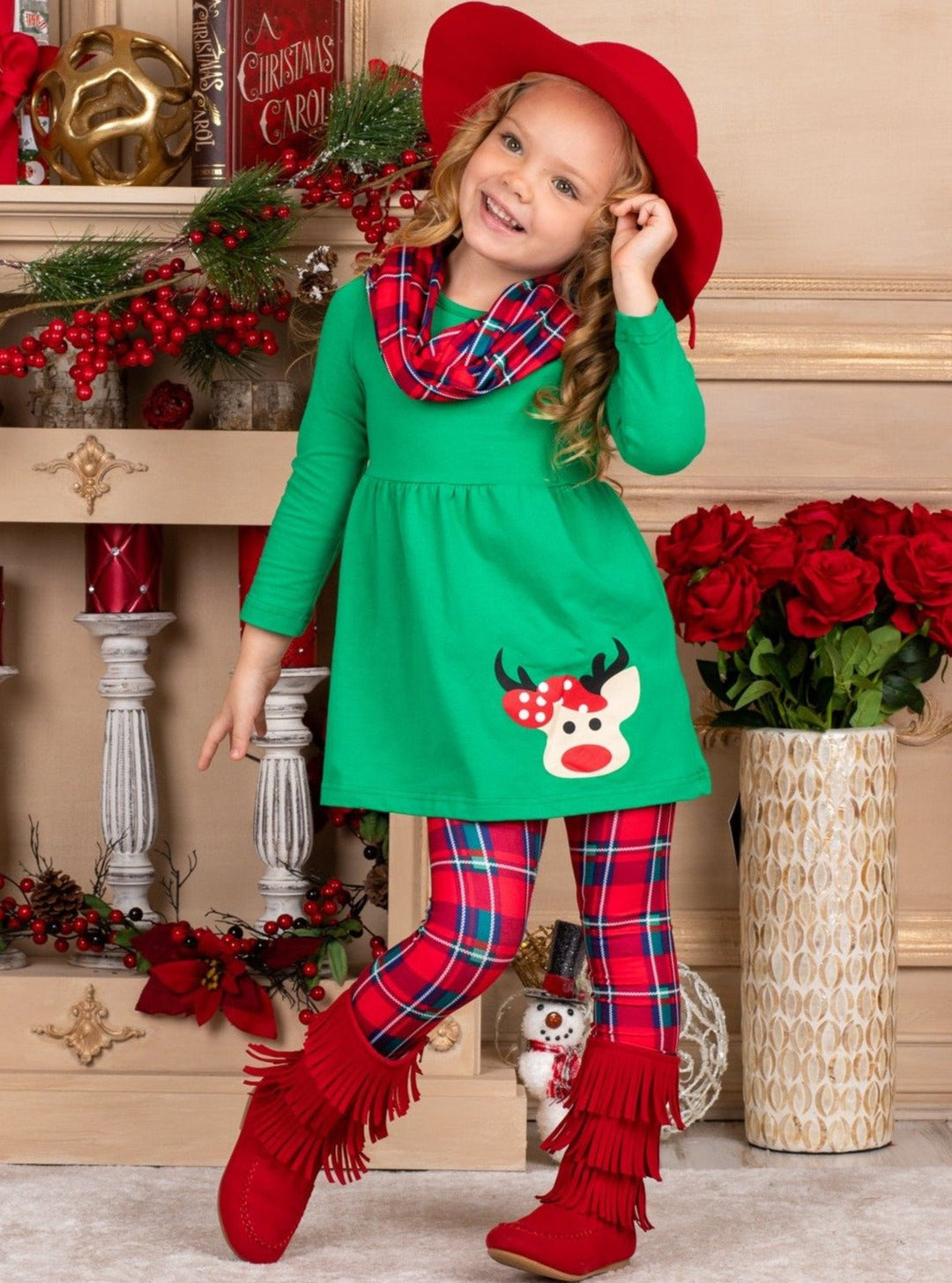 Girls Green ruffled tunic Rudolph applique red plaid legging scarf set 2T-10Y