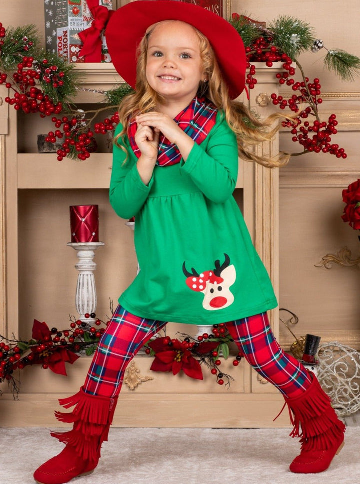 Girls Green ruffled tunic Rudolph applique red plaid legging scarf set 2T-10Y