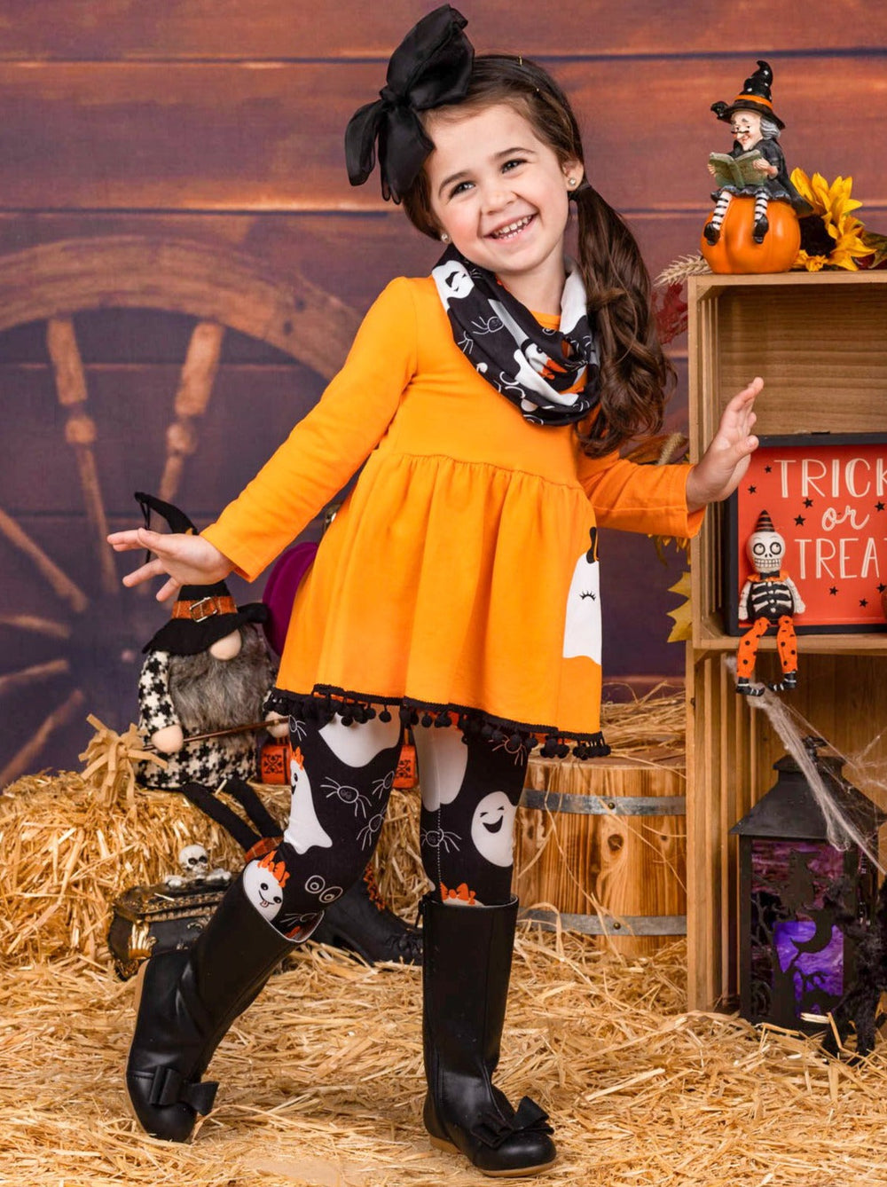 Little Girls Cute Ghost Tunic, Leggings & Scarf Set - Mia Belle Girls