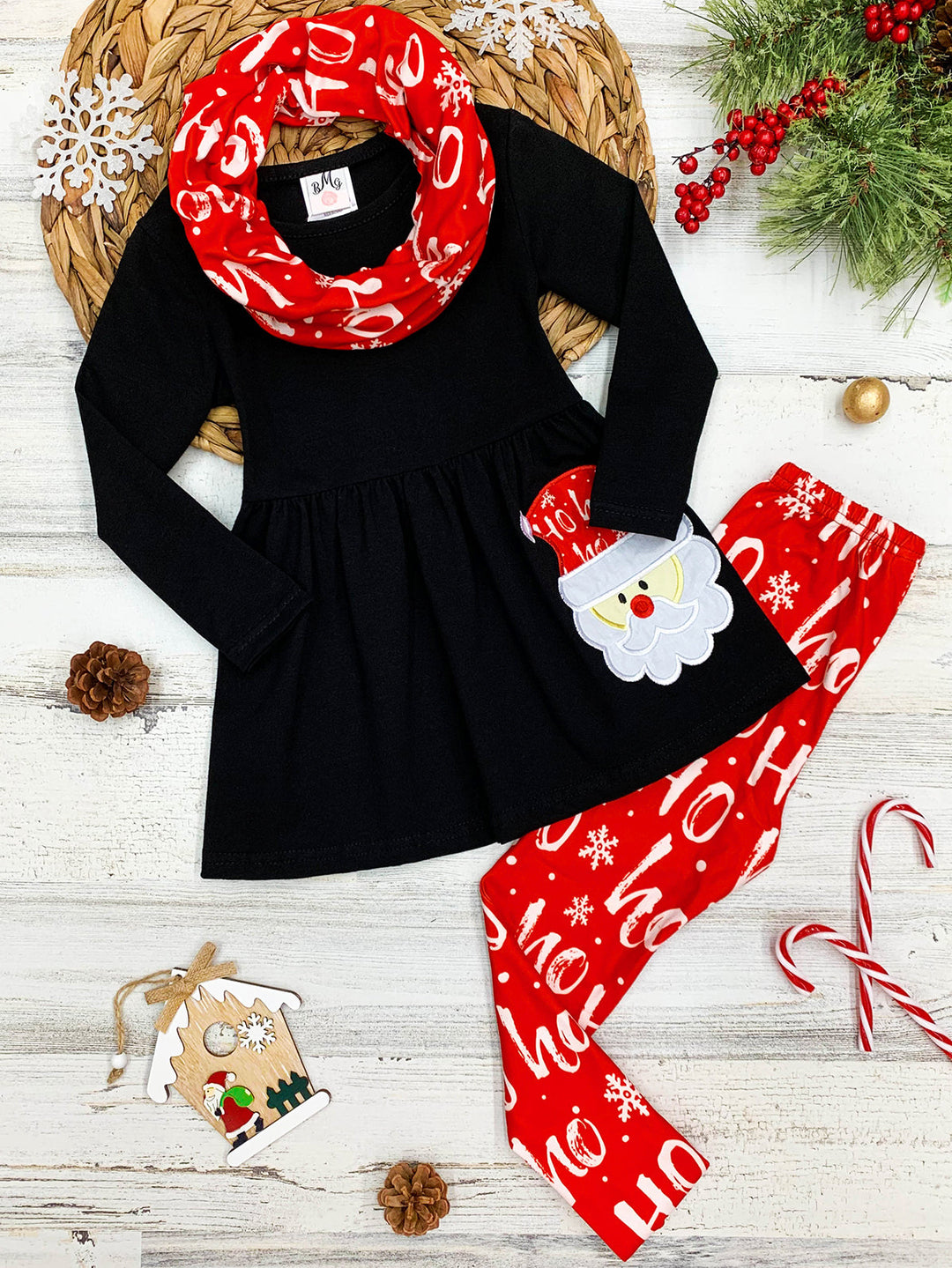 Toddler Christmas Clothes | Girls Santa Tunic, Scarf & Legging Set