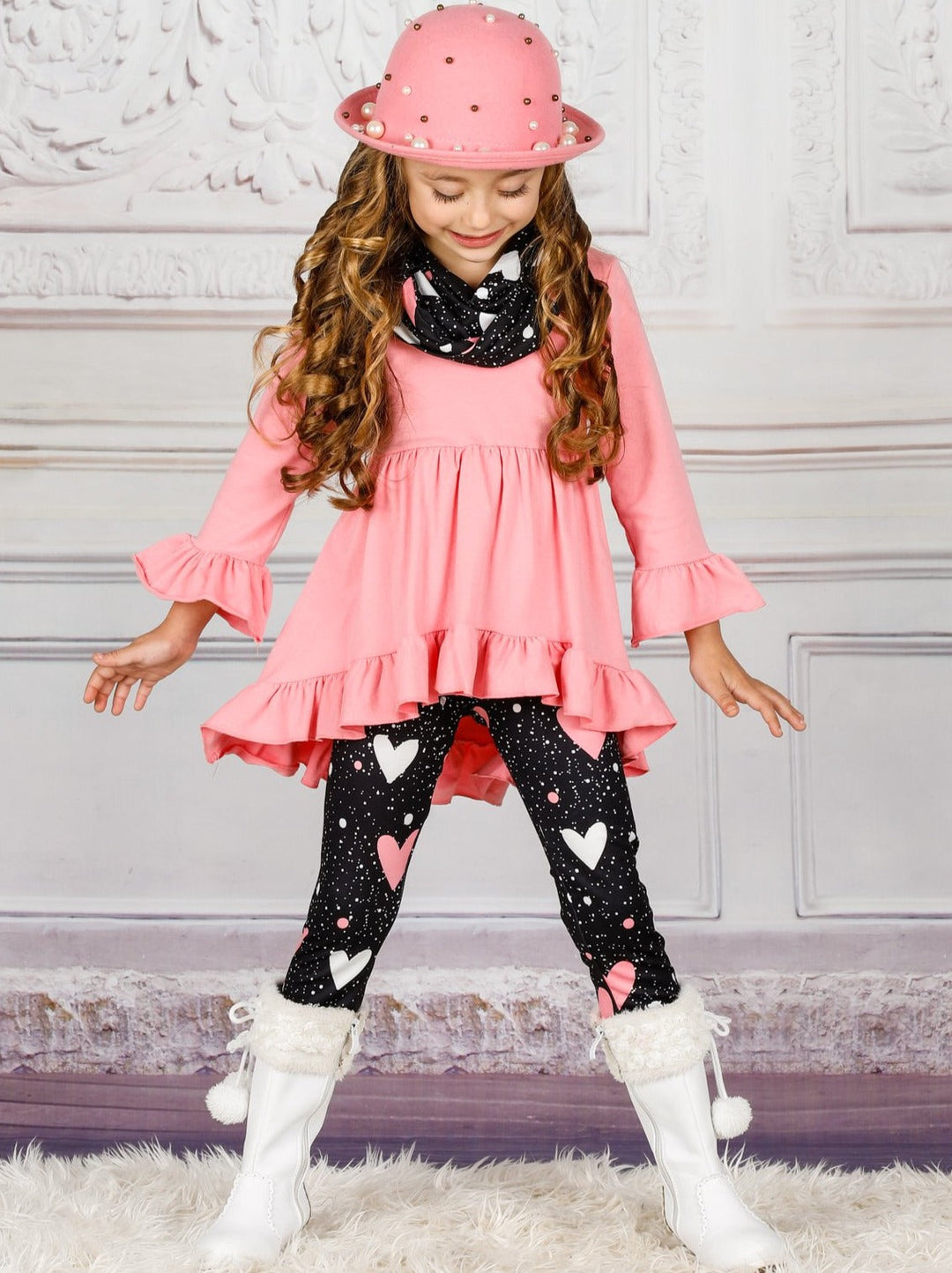 Toddler Valentine's Outfit | Heart Print Tunic, Scarf & Legging Set