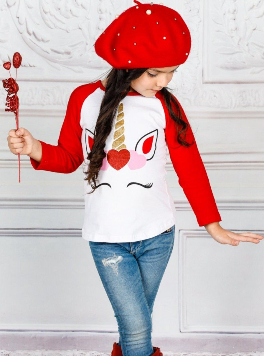 Toddler Valentine's Day Tops | Girls Valentine's Unicorn Raglan Top