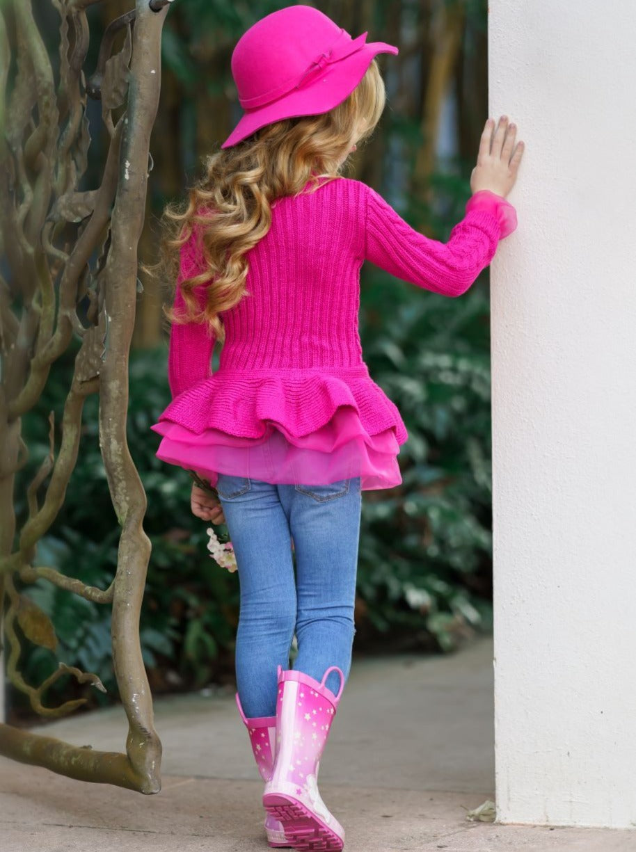 Kids Sweaters | Girls Cable Knit Peplum Tutu Sweater | Mia Belle Girls