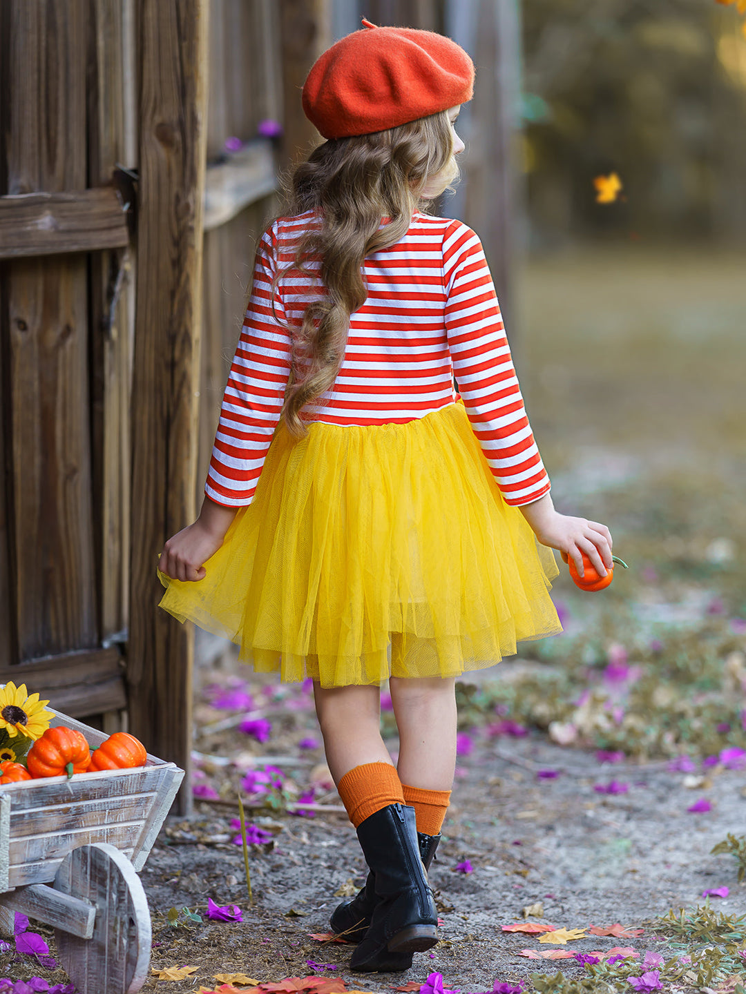 Little girls Halloween long-sleeve tutu dress with striped print bodice, candy corn applique, and gathered tulle skirt embellished with a ribbon bow - Mia Belle Girls