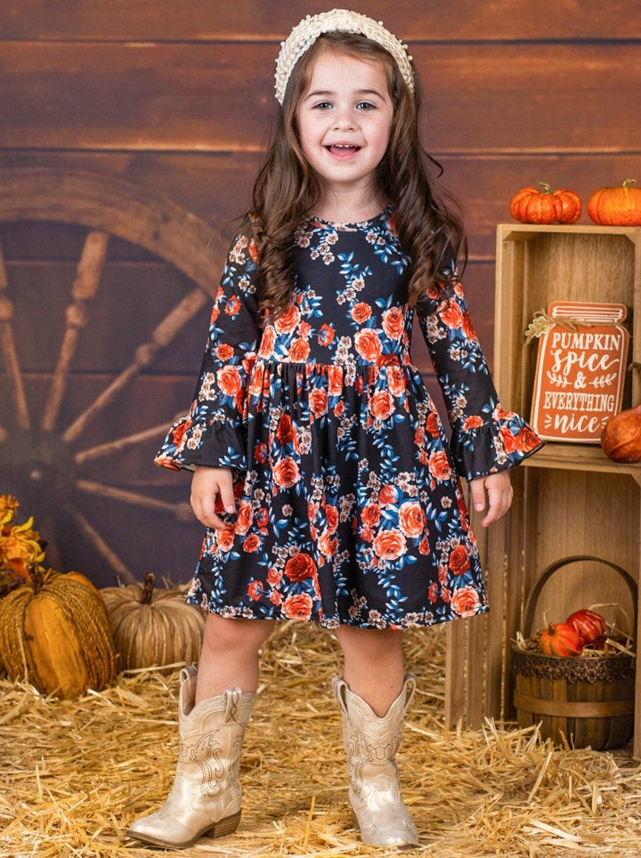 Girls Floral Long Ruffled Sleeve Dress