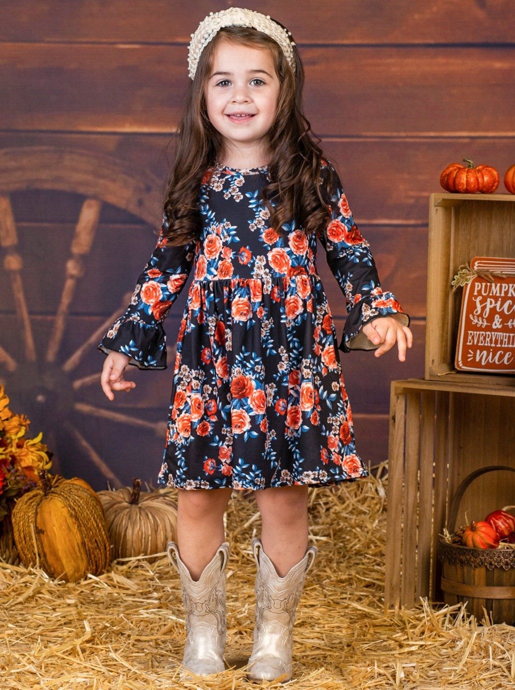 Girls Floral Long Ruffled Sleeve Dress