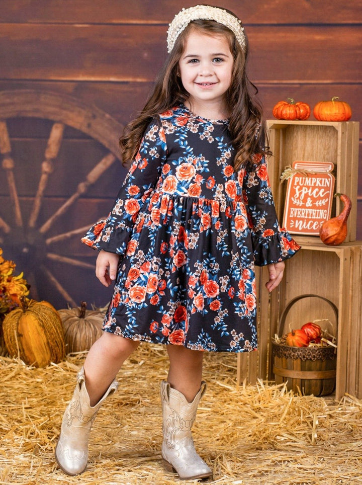 Girls Floral Long Ruffled Sleeve Dress