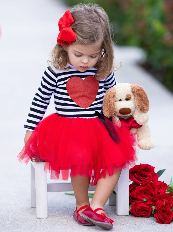 Toddler Valentine's Clothes | Girls Glittered Heart Striped Tutu Dress