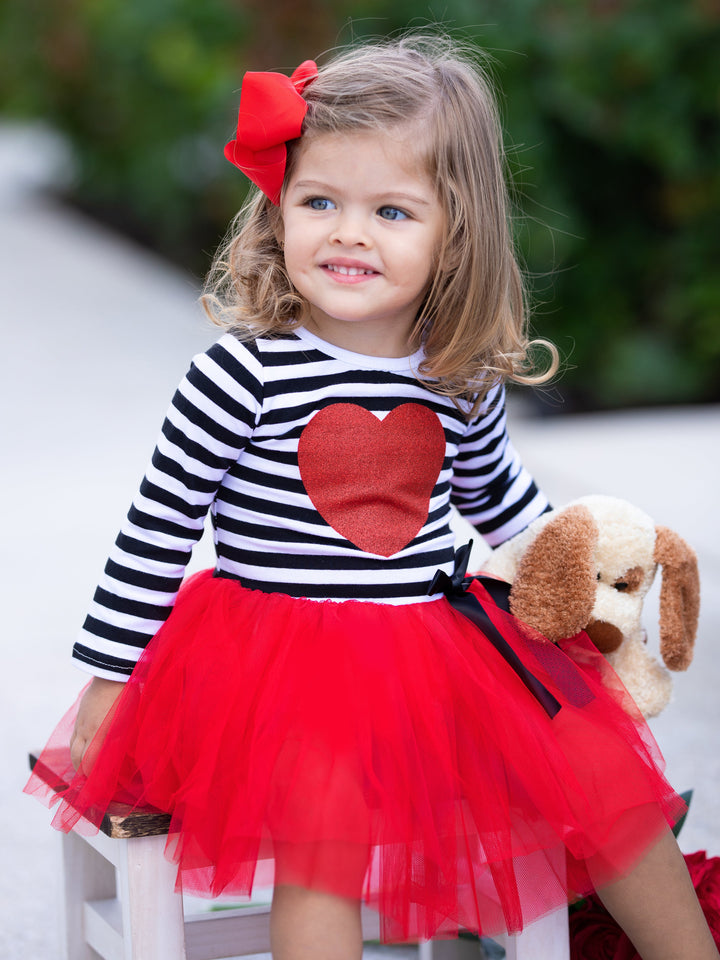 Toddler Valentine's Clothes | Girls Glittered Heart Striped Tutu Dress