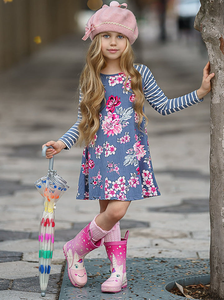 Girls Striped Long Sleeve Floral Dress - Girls Fall Casual Dress