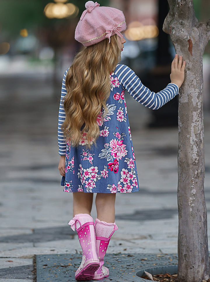 Girls Striped Long Sleeve Floral Dress - Girls Fall Casual Dress