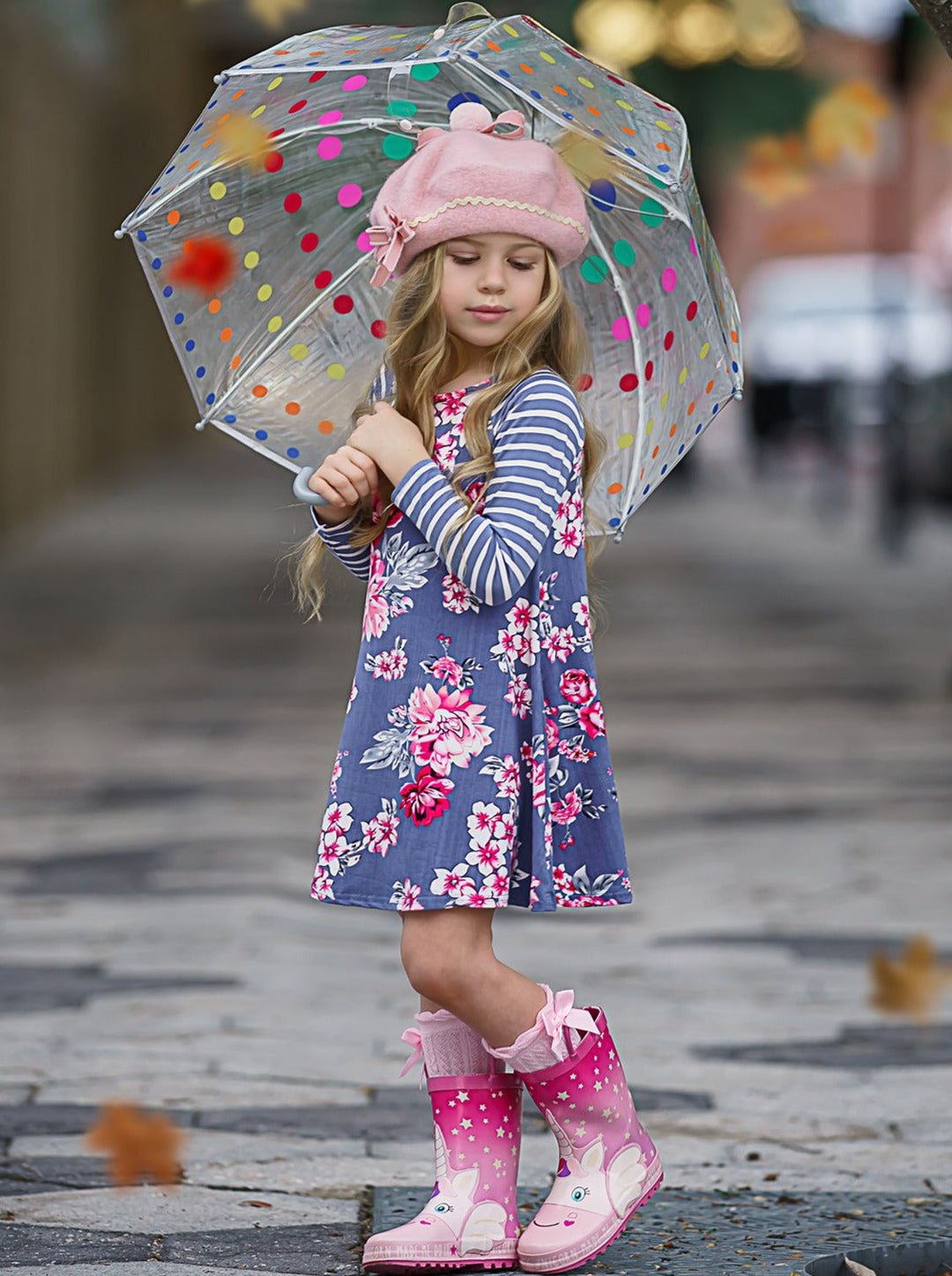 Girls Striped Long Sleeve Floral Dress - Girls Fall Casual Dress