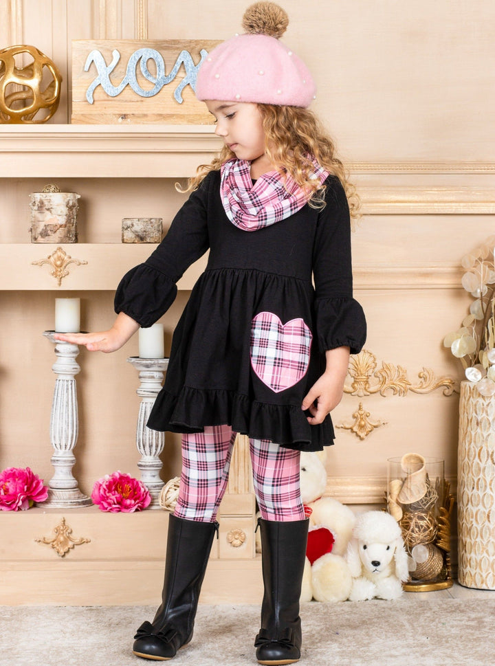 Toddler Valentine's Day Outfit | Plaid Heart Tunic Scarf & Legging Set