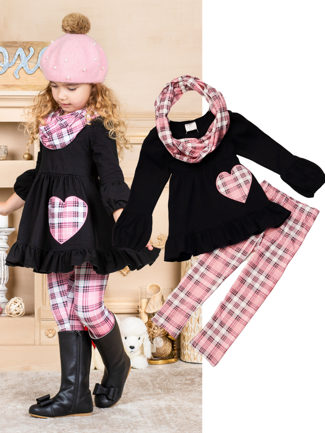 Toddler Valentine's Day Outfit | Plaid Heart Tunic Scarf & Legging Set