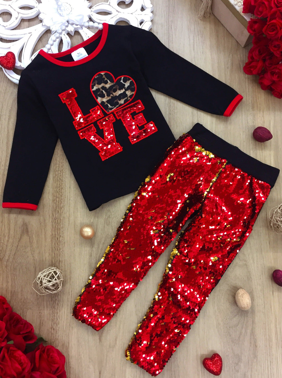 Kids Valentine's Clothes | Little Girls Sequin Love Top & Legging Set