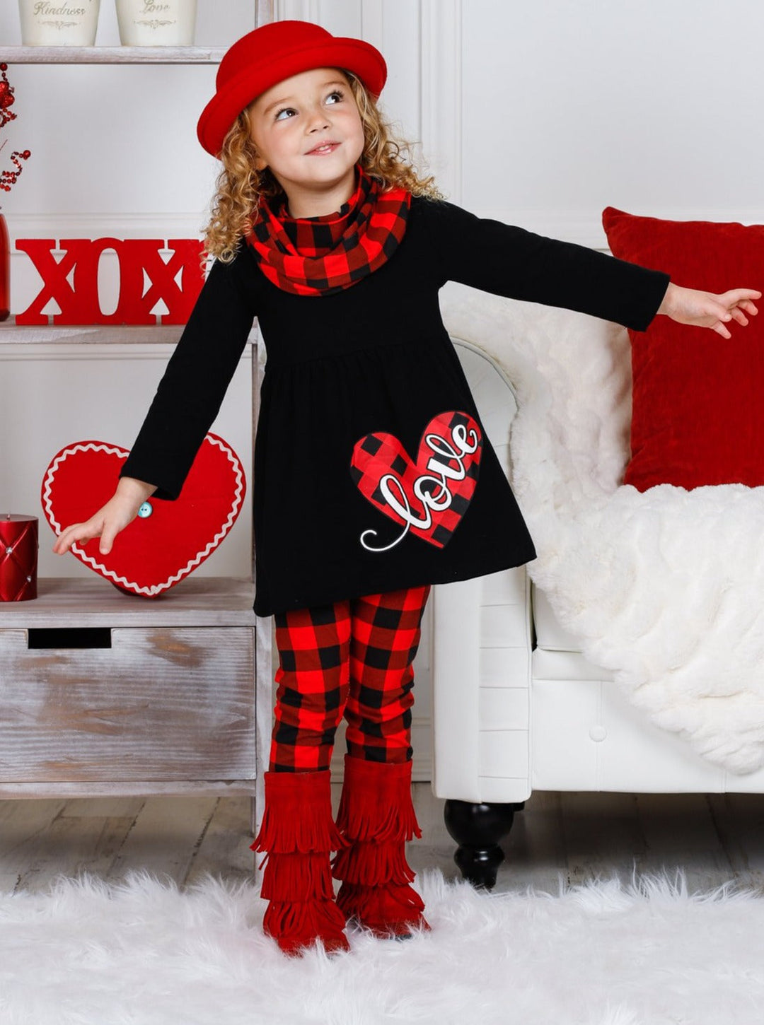 Valentine's Outfit | Girls Heart Plaid Heart Tunic, Scarf & Legging Set