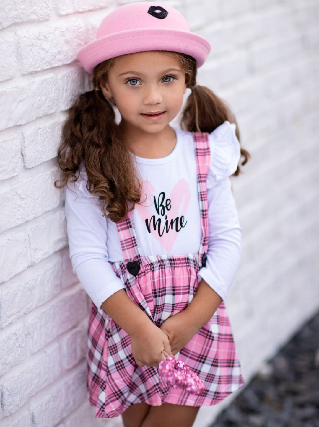 Toddler Valentine's Clothes | Be Mine Top & Plaid Suspender Skirt Set