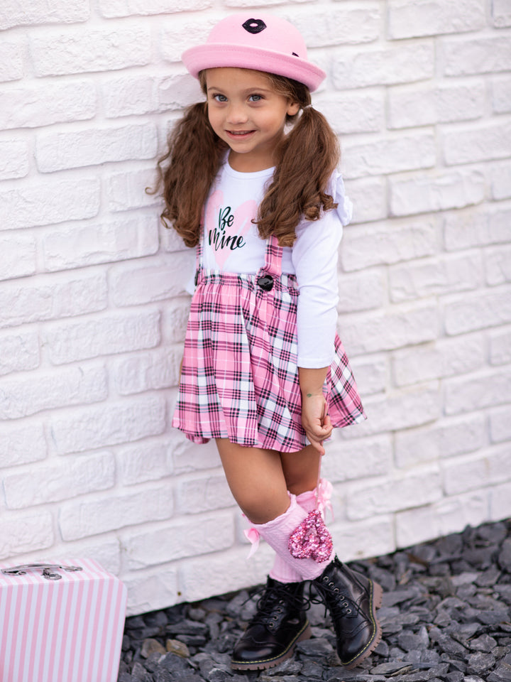 Toddler Valentine's Clothes | Be Mine Top & Plaid Suspender Skirt Set