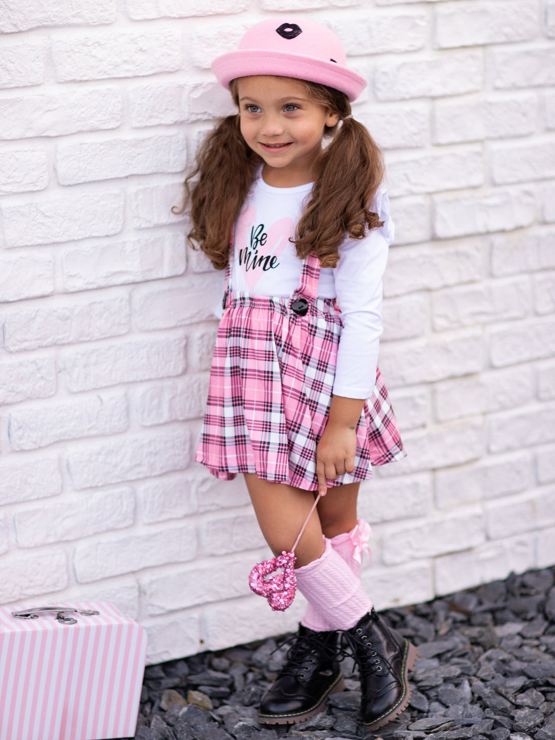 Toddler Valentine's Clothes | Be Mine Top & Plaid Suspender Skirt Set