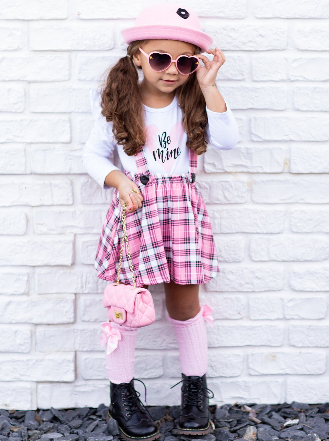 Toddler Valentine's Clothes | Be Mine Top & Plaid Suspender Skirt Set